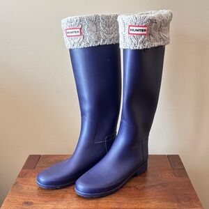Hunter Navy Tall Rain Boots with Grey Knit Liner - Classic Style